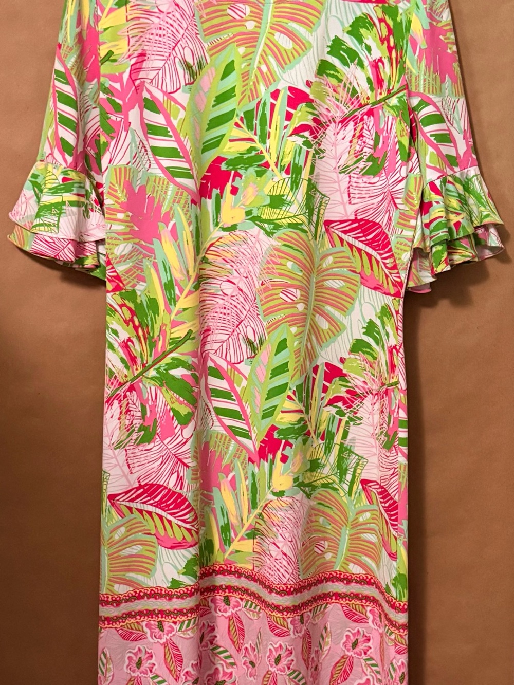 Pappagallo Women Large Tropical Palm Leaf Print Tiered Ruffle Sleeve Shift Dress